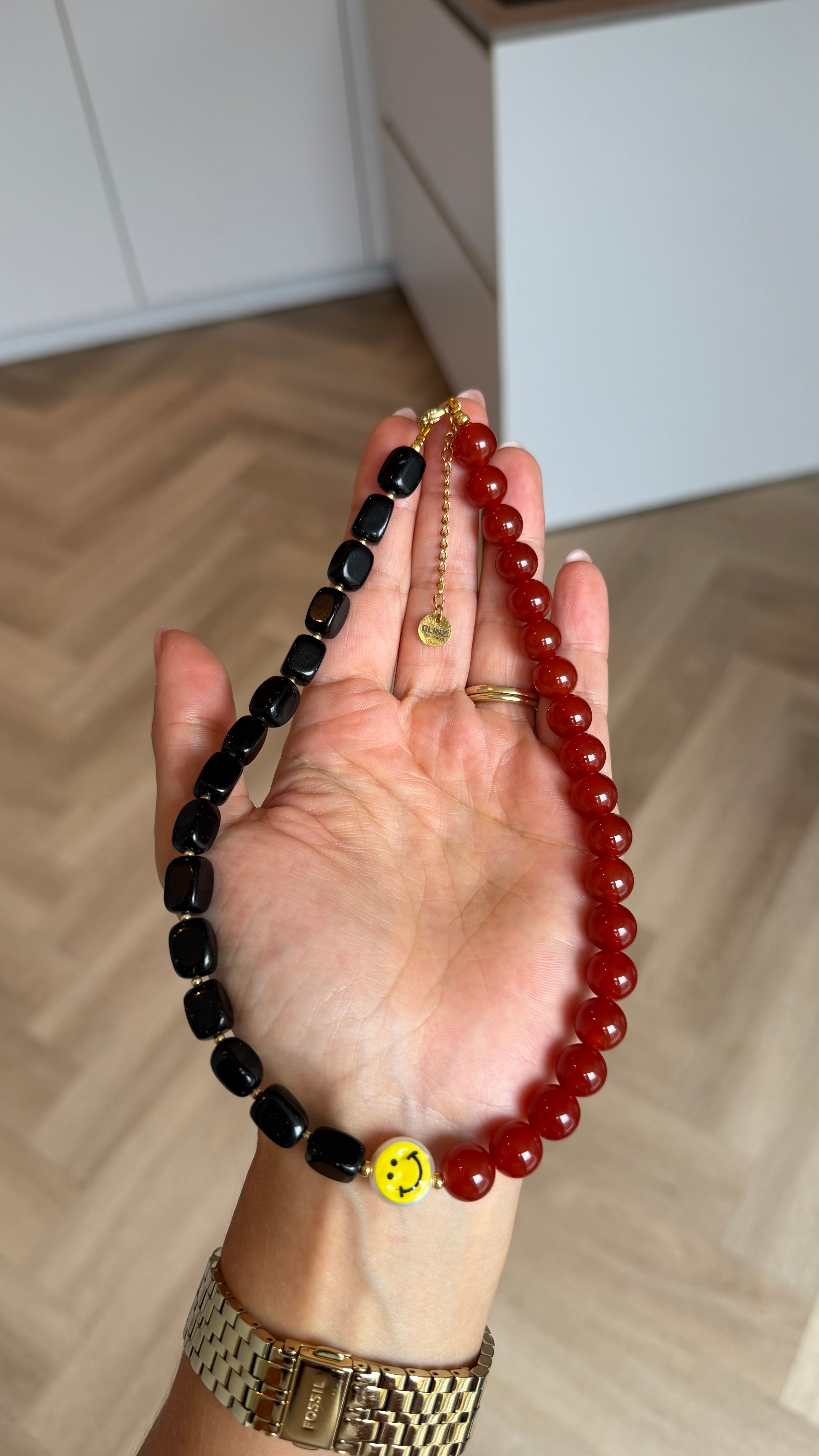 Smiley Necklace - Obsidian & Carnelian